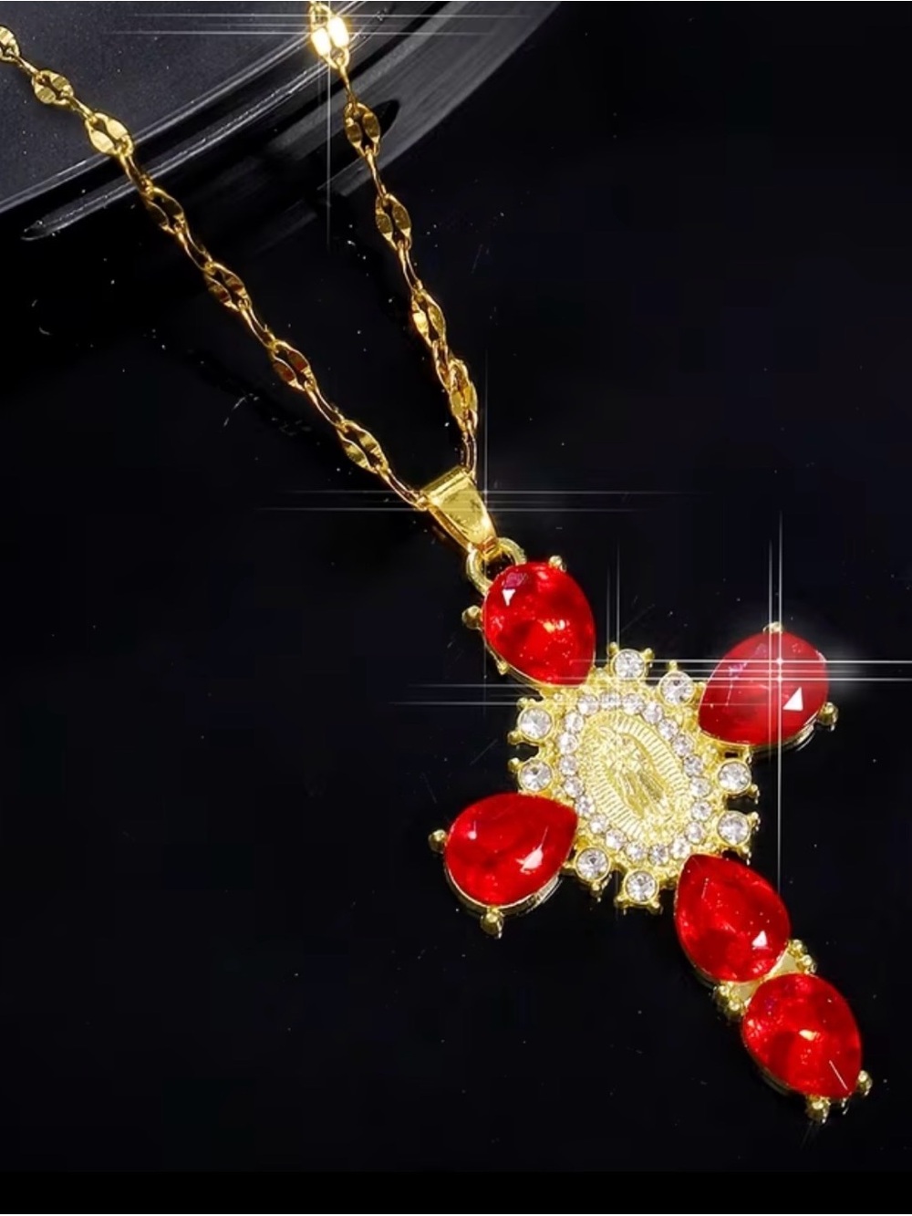 Gold Cross Pendant Necklace with Red Teardrop Stones